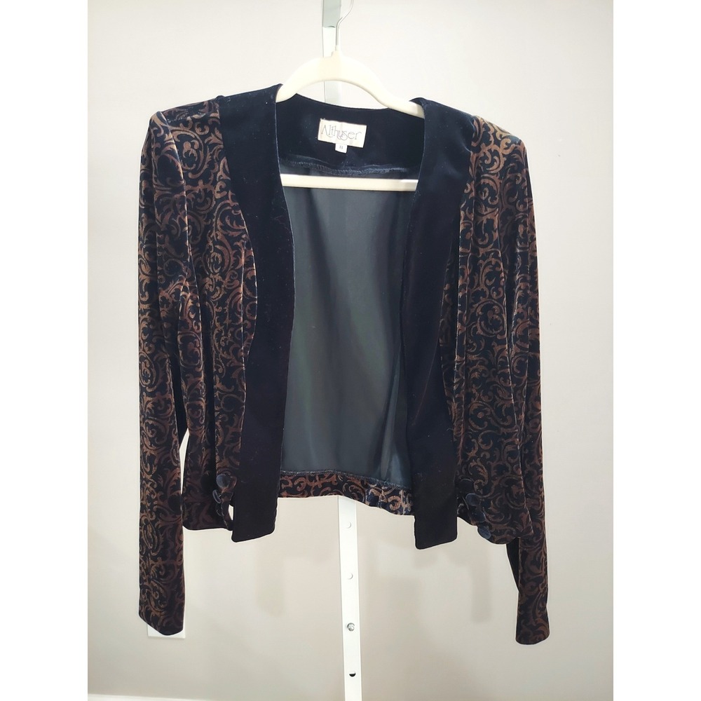 Althuser Vintage Damask Velvet Bolero Jacket Brown Black Scroll Open Front 8